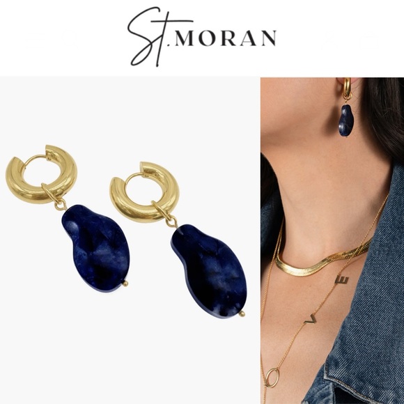 St. Moran Capri Natural Blue Sapphire Gold Huggie Earrings 225$ - Picture 1 of 7